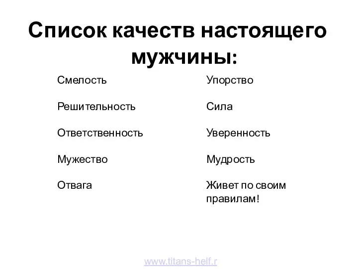 Список качеств настоящего мужчины: www.titans-helf.ru Смелость Решительность Ответственность Мужество Отвага Упорство