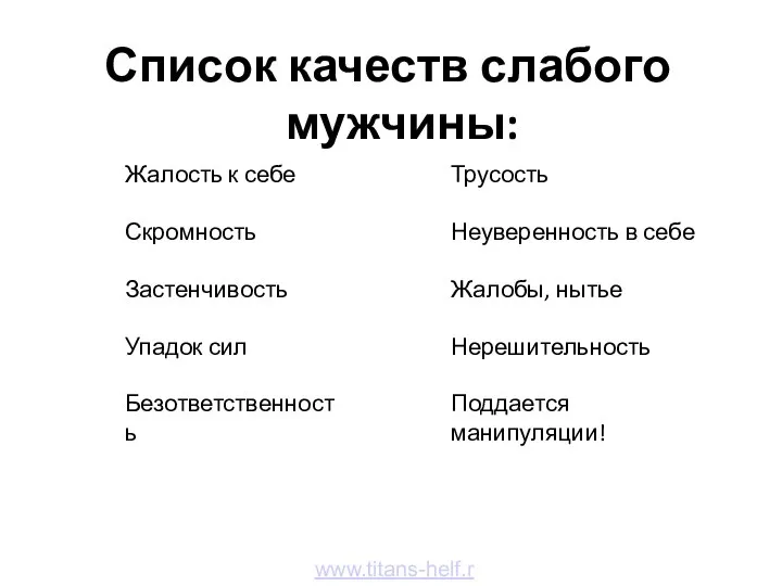 Список качеств слабого мужчины: www.titans-helf.ru Жалость к себе Скромность Застенчивость Упадок