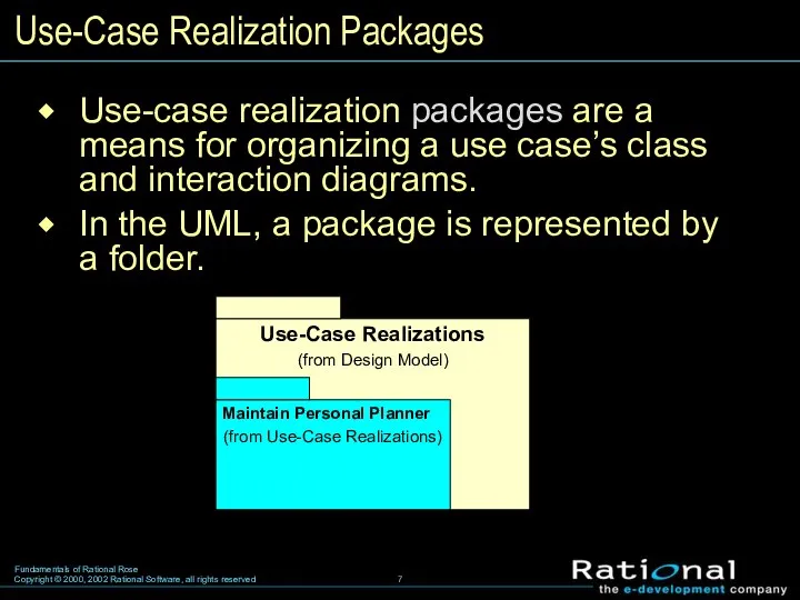 Use-Case Realization Packages Use-case realization packages are a means for organizing