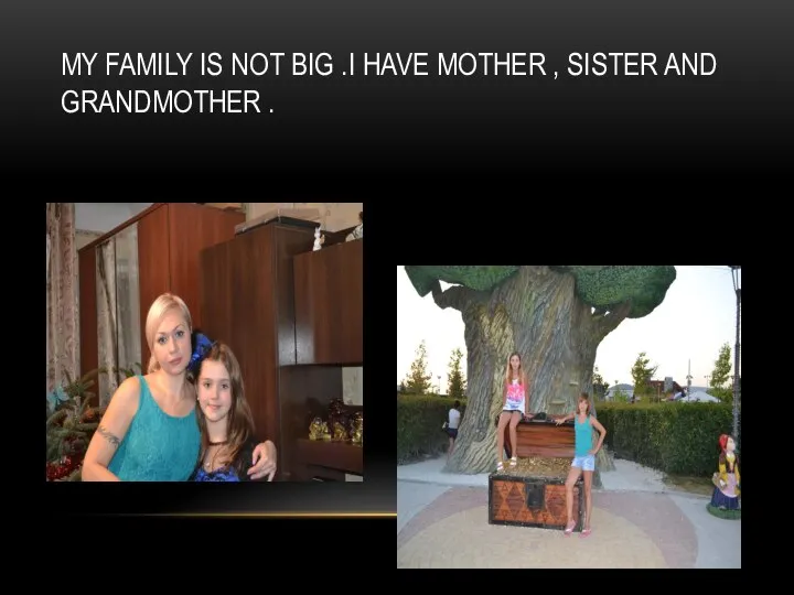 MY FAMILY IS NOT BIG .I HAVE MOTHER , SISTER AND GRANDMOTHER .