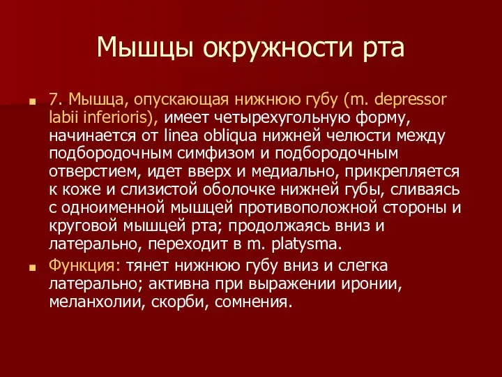 Мышцы окружности рта 7. Мышца, опускающая нижнюю губу (m. depressor labii