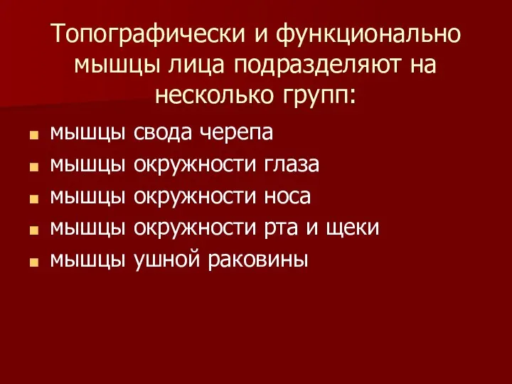 Топографически и функционально мышцы лица подразделяют на несколько групп: мышцы свода