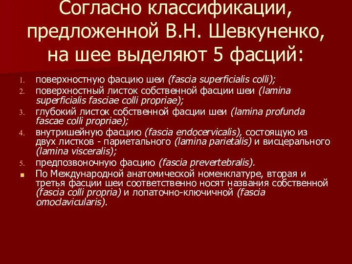 Согласно классификации, предложенной В.Н. Шевкуненко, на шее выделяют 5 фасций: поверхностную