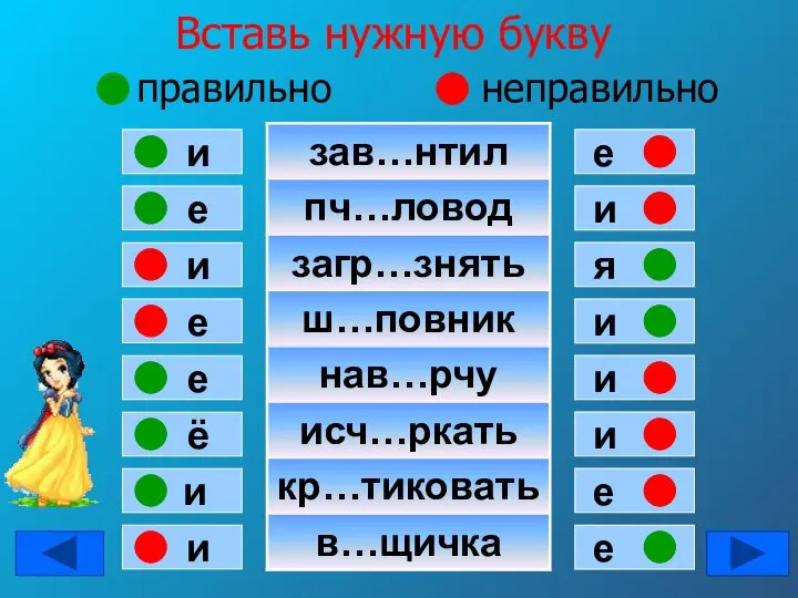 Вставь нужную букву правильно неправильно е и и е е ё