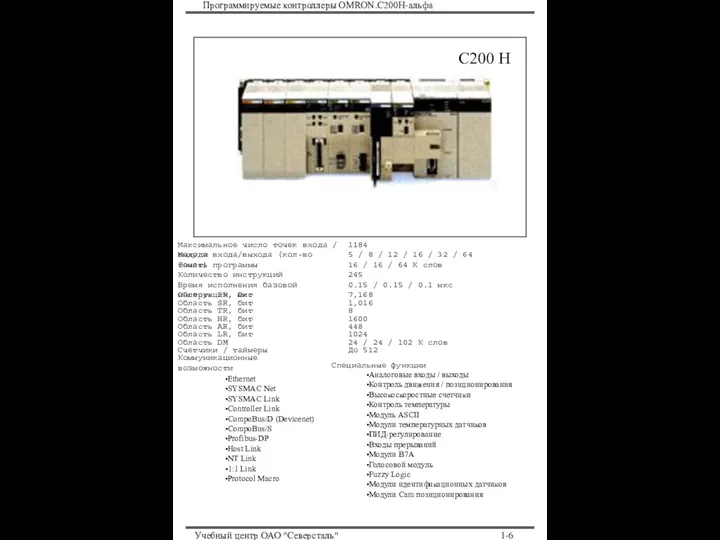 Программируемые контроллеры OMRON.С200Н-альфа Учебный центр ОАО "Северсталь" 1- Максимальное число точек