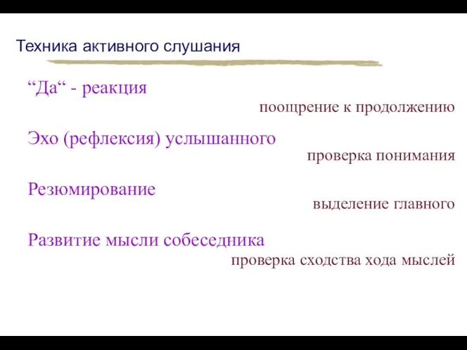 Техника активного слушания “Да“ - реакция Эхо (рефлексия) услышанного Резюмирование Развитие