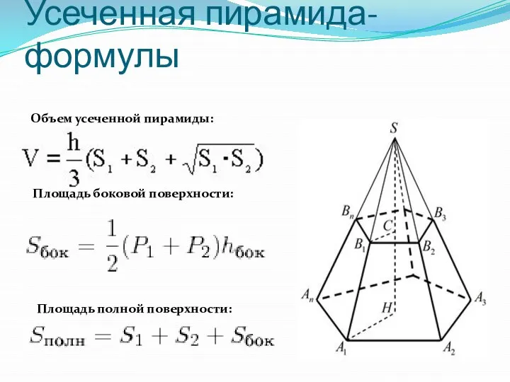 Усеченная пирамида- формулы Объем усеченной пирамиды: Площадь боковой поверхности: Площадь полной поверхности: