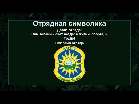 Отрядная символика Девиз отряда: Нам зелёный свет везде: в жизни, спорте, и труде! Эмблема отряда