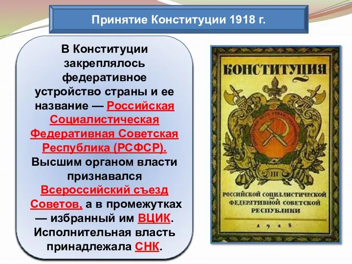 Принятие Конституции 1918 г. Главным итогом работы V Всероссийского съезда Советов