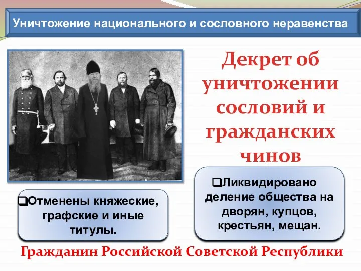 Уничтожение национального и сословного неравенства Декрет об уничтожении сословий и гражданских