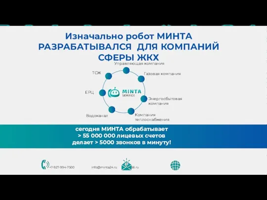 Изначально робот МИНТА РАЗРАБАТЫВАЛСЯ ДЛЯ КОМПАНИЙ СФЕРЫ ЖКХ +7-927-994-7500 info@minta24.ru ai366.ru