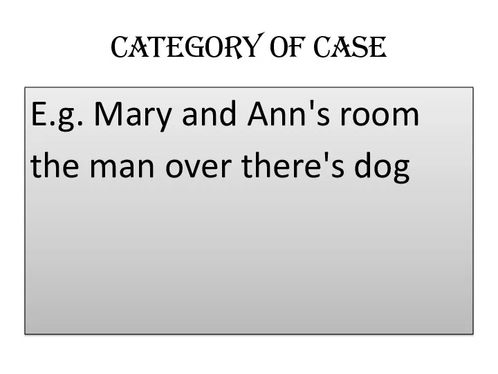 Category of Case E.g. Mary and Ann's room the man over there's dog