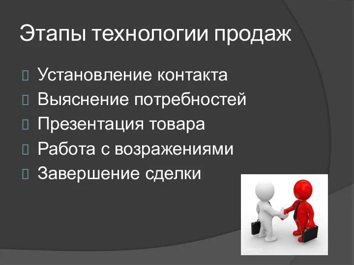 Этапы технологии продаж Установление контакта Выяснение потребностей Презентация товара Работа с возражениями Завершение сделки