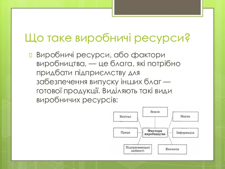 Що таке виробничі ресурси? Виробничі ресурси, або фактори виробництва, — це