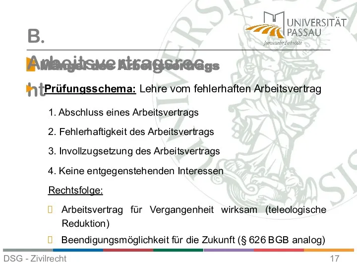 Mängel des Arbeitsvertrags B. Arbeitsvertragsrecht Prüfungsschema: Lehre vom fehlerhaften Arbeitsvertrag 1.