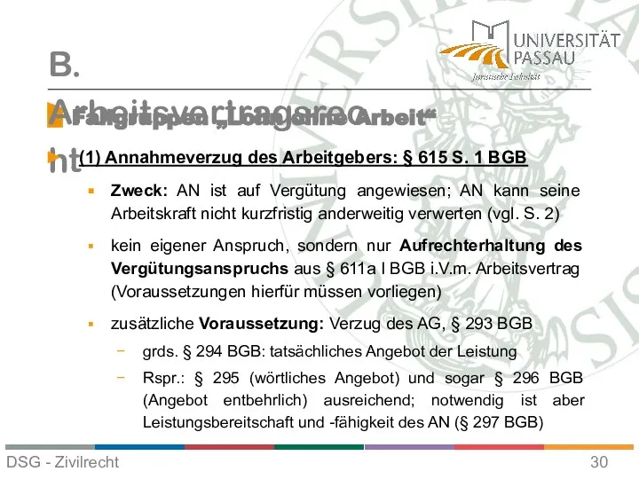 Fallgruppen „Lohn ohne Arbeit“ B. Arbeitsvertragsrecht (1) Annahmeverzug des Arbeitgebers: §