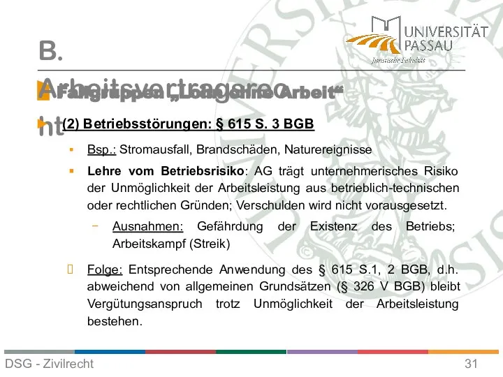 Fallgruppen „Lohn ohne Arbeit“ B. Arbeitsvertragsrecht (2) Betriebsstörungen: § 615 S.