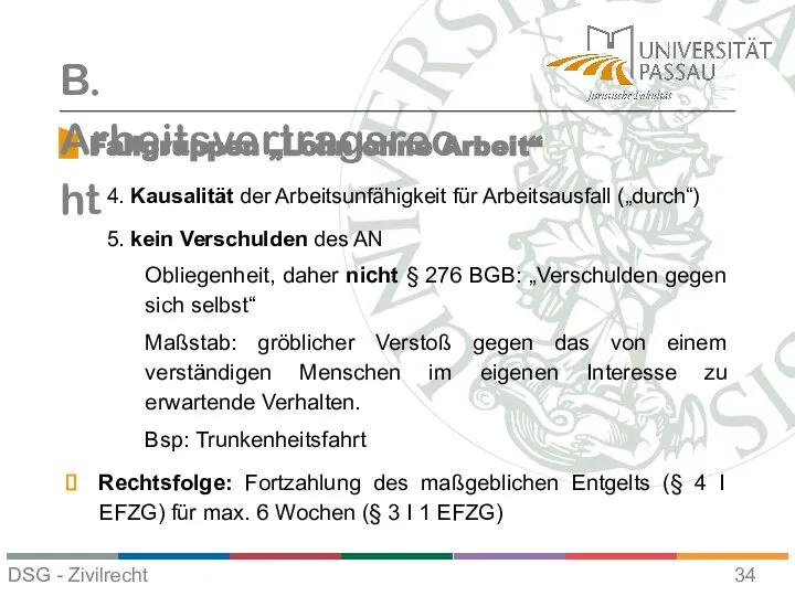 Fallgruppen „Lohn ohne Arbeit“ B. Arbeitsvertragsrecht 4. Kausalität der Arbeitsunfähigkeit für