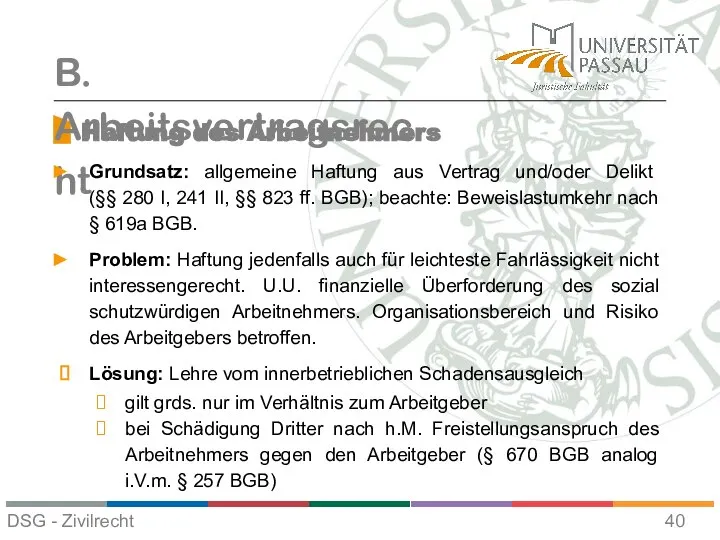 Haftung des Arbeitnehmers B. Arbeitsvertragsrecht Grundsatz: allgemeine Haftung aus Vertrag und/oder