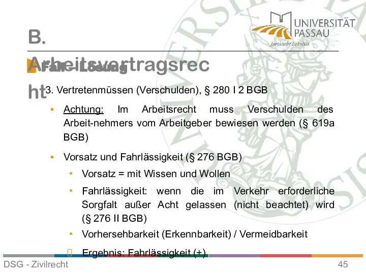 Fall – Lösung B. Arbeitsvertragsrecht 3. Vertretenmüssen (Verschulden), § 280 I