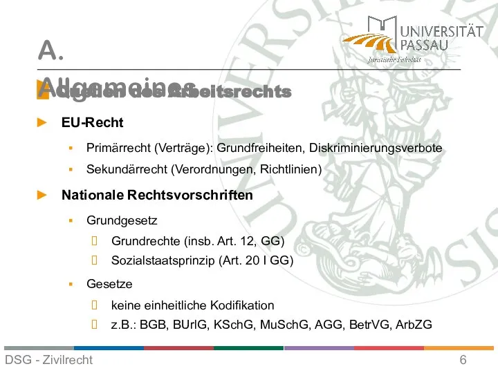 Quellen des Arbeitsrechts A. Allgemeines EU-Recht Primärrecht (Verträge): Grundfreiheiten, Diskriminierungsverbote Sekundärrecht