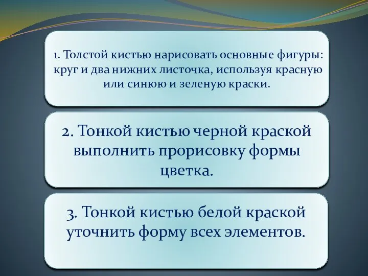 1. Толстой кистью нарисовать основные фигуры: круг и два нижних листочка,