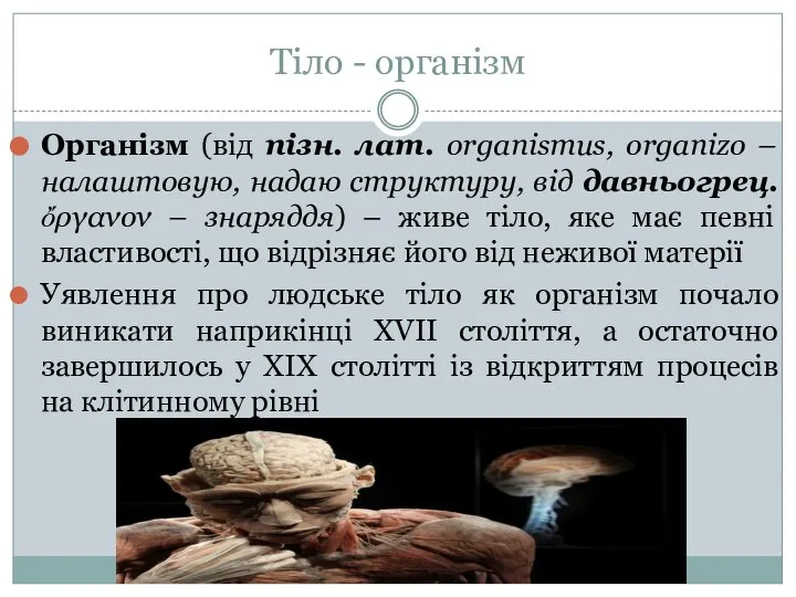 Тіло - організм Організм (від пізн. лат. organismus, organizo – налаштовую,