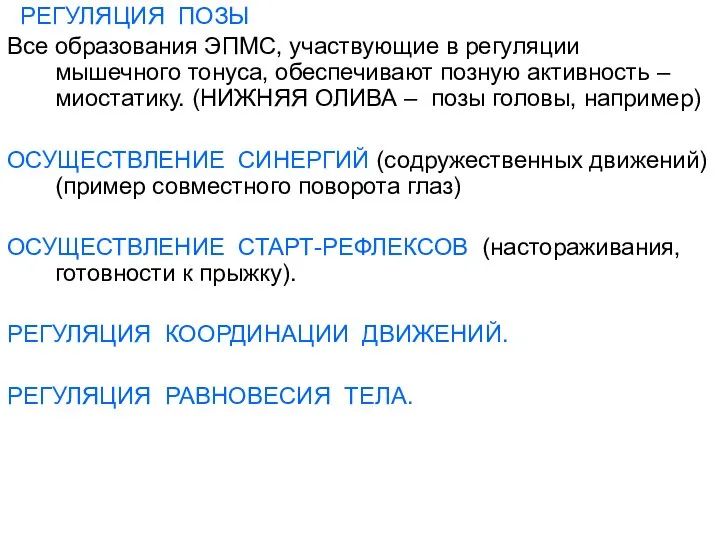 РЕГУЛЯЦИЯ ПОЗЫ Все образования ЭПМС, участвующие в регуляции мышечного тонуса, обеспечивают