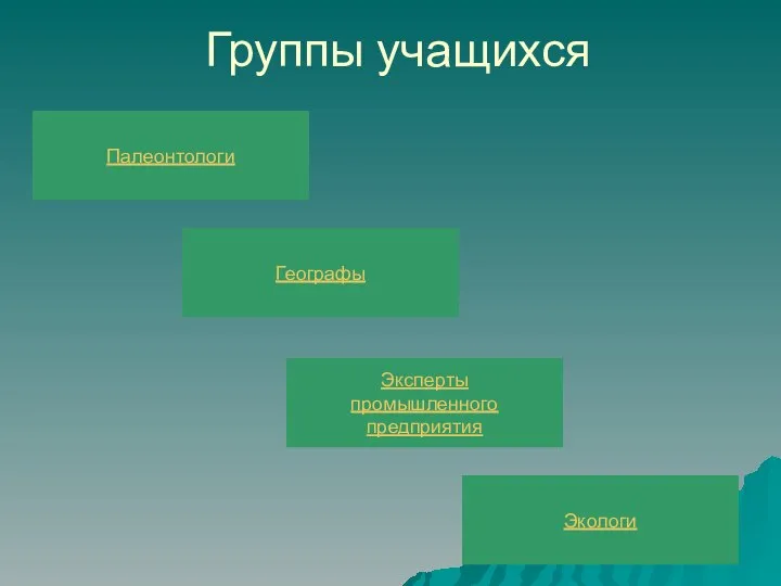 Группы учащихся Экологи Палеонтологи Географы Эксперты промышленного предприятия