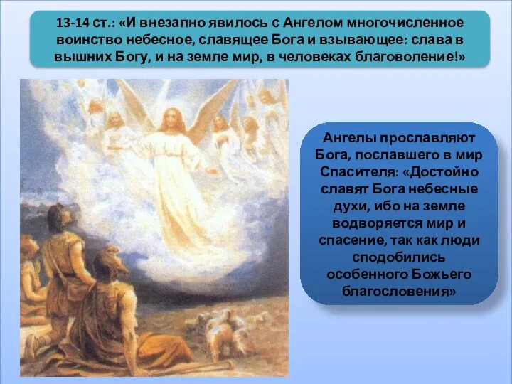 13-14 ст.: «И внезапно явилось с Ангелом многочисленное воинство небесное, славящее