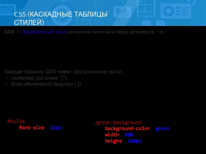 CSS (КАСКАДНЫЕ ТАБЛИЦЫ СТИЛЕЙ) .green-background { background-color: green; width: 50%; height: