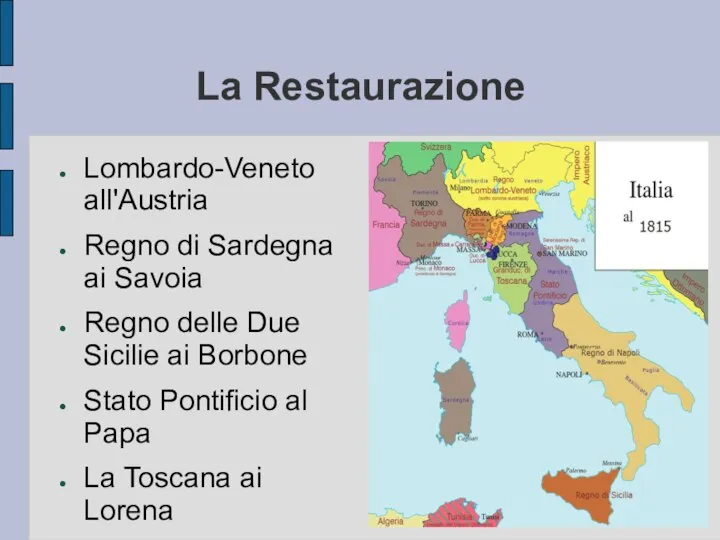 La Restaurazione Lombardo-Veneto all'Austria Regno di Sardegna ai Savoia Regno delle