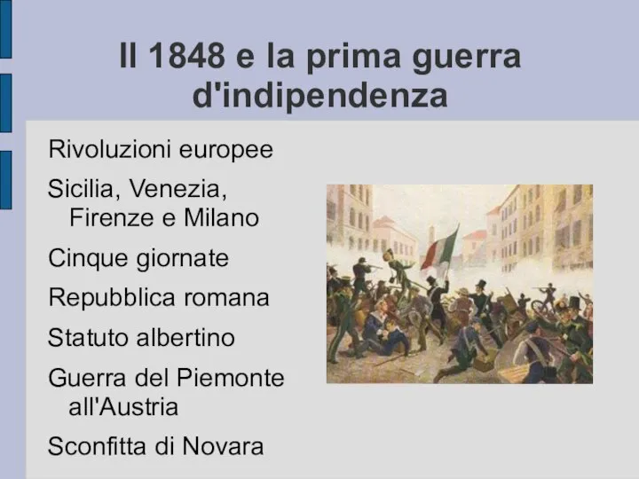 Il 1848 e la prima guerra d'indipendenza Rivoluzioni europee Sicilia, Venezia,