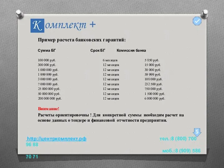 Пример расчета банковских гарантий: Сумма БГ Срок БГ Комиссия банка 100