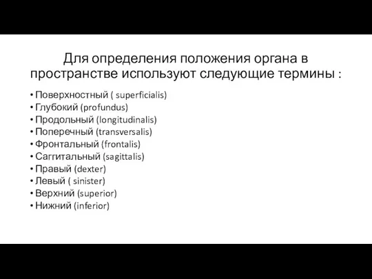 Для определения положения органа в пространстве используют следующие термины : Поверхностный