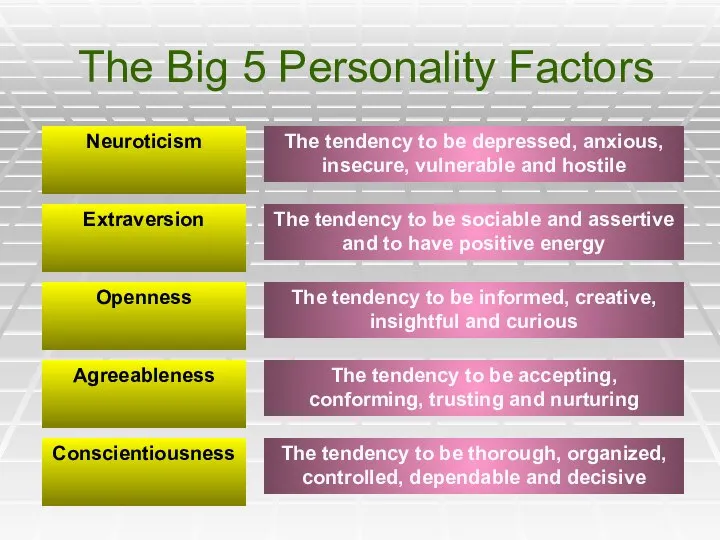 The Big 5 Personality Factors Neuroticism Extraversion Openness Agreeableness Conscientiousness The