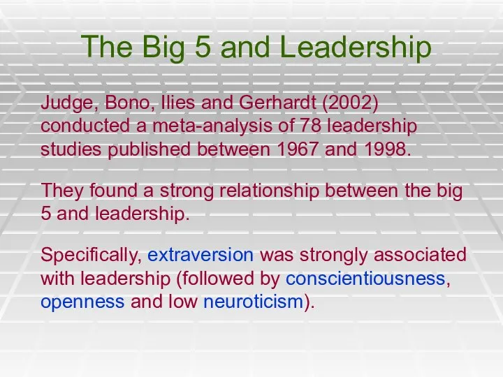 The Big 5 and Leadership Judge, Bono, Ilies and Gerhardt (2002)