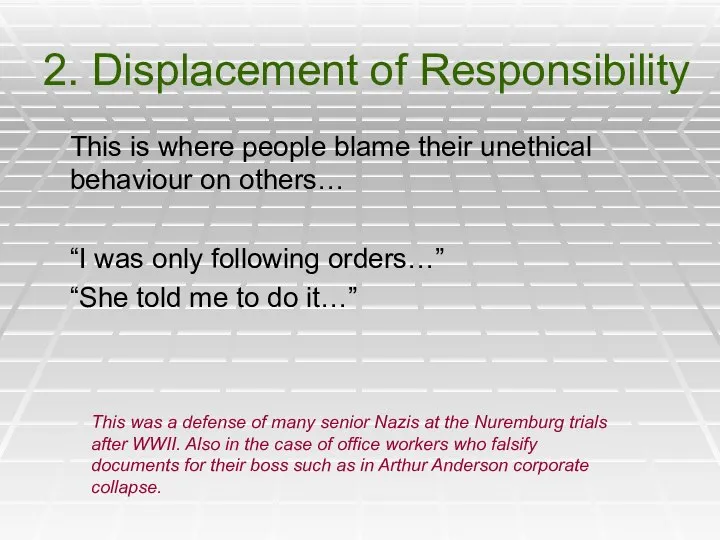 2. Displacement of Responsibility This is where people blame their unethical