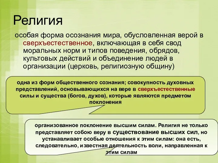 Религия особая форма осознания мира, обусловленная верой в сверхъестественное, включающая в