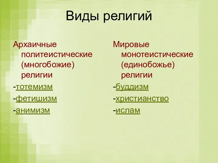 Виды религий Архаичные политеистические (многобожие) религии -тотемизм -фетишизм -анимизм Мировые монотеистические (единобожье) религии -буддизм -христианство -ислам