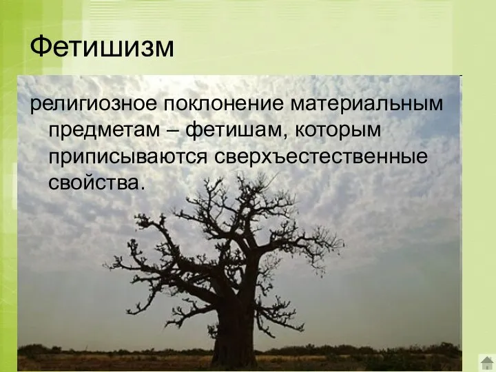 Фетишизм религиозное поклонение материальным предметам – фетишам, которым приписываются сверхъестественные свойства.