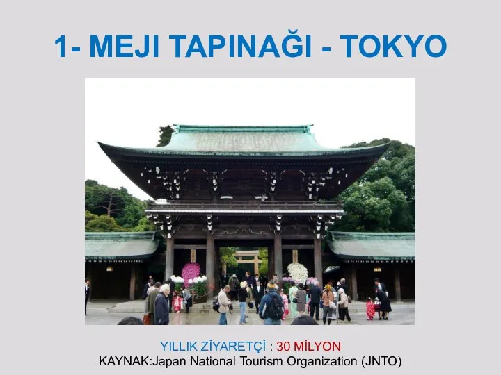 1- MEJI TAPINAĞI - TOKYO YILLIK ZİYARETÇİ : 30 MİLYON KAYNAK:Japan National Tourism Organization (JNTO)