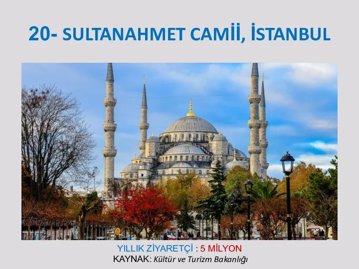 20- SULTANAHMET CAMİİ, İSTANBUL YILLIK ZİYARETÇİ : 5 MİLYON KAYNAK: Kültür ve Turizm Bakanlığı