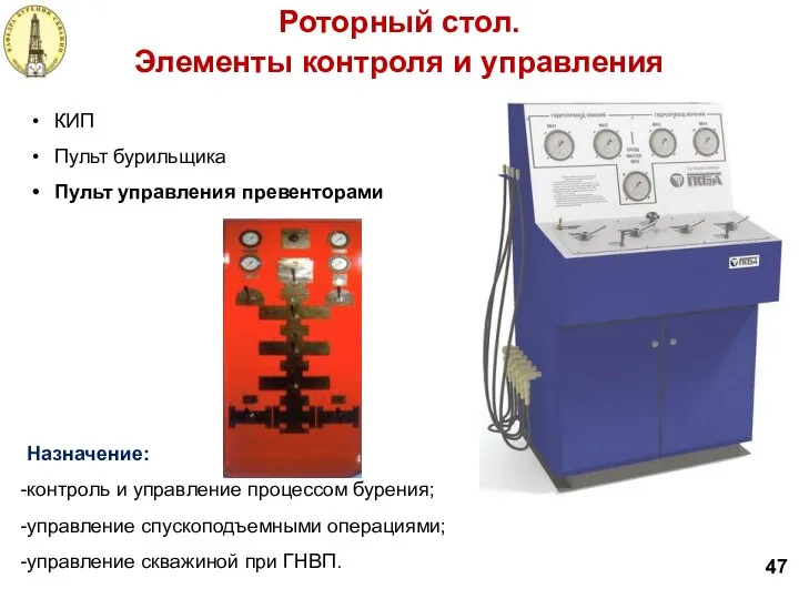 Назначение: контроль и управление процессом бурения; управление спускоподъемными операциями; управление скважиной