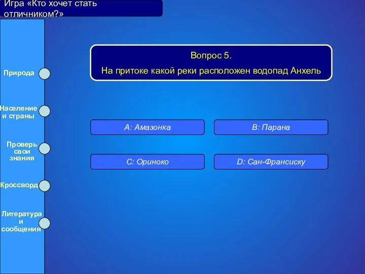 Игра «Кто хочет стать отличником?» Вопрос 5. На притоке какой реки