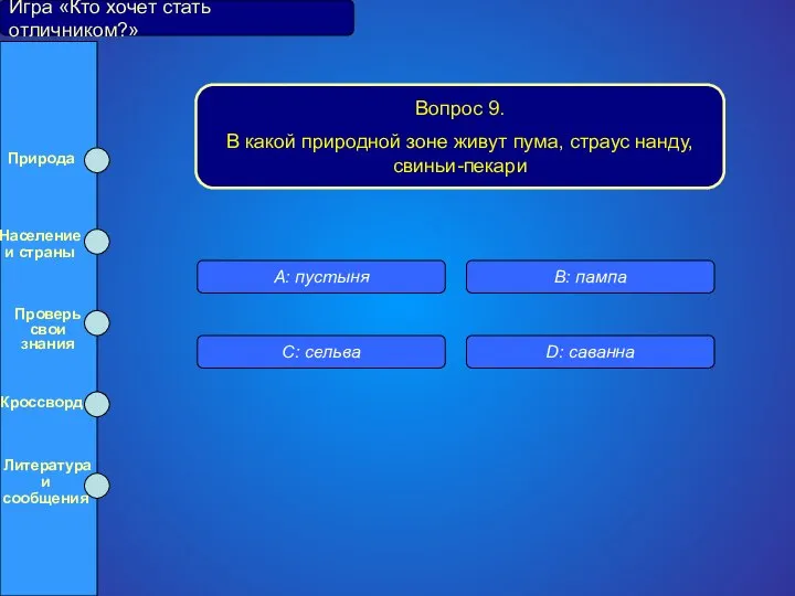 Игра «Кто хочет стать отличником?» Вопрос 9. В какой природной зоне