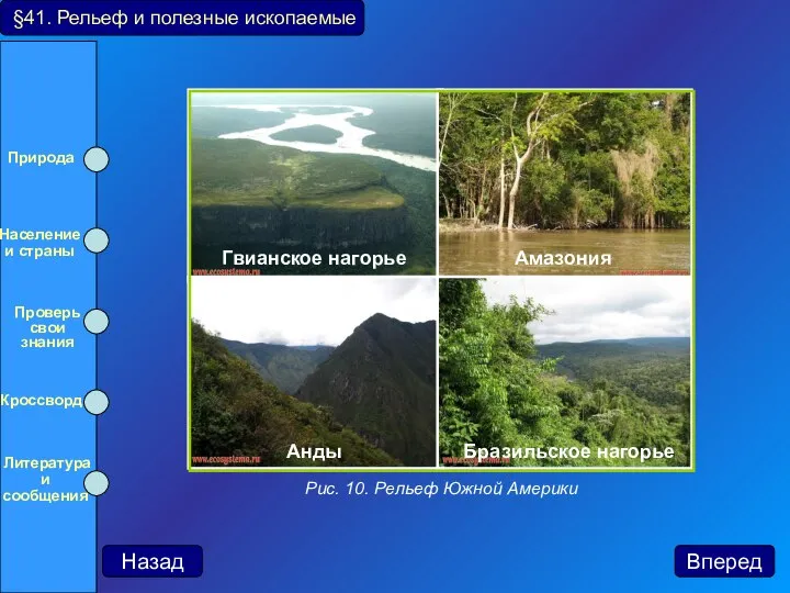 §41. Рельеф и полезные ископаемые Рис. 10. Рельеф Южной Америки Назад