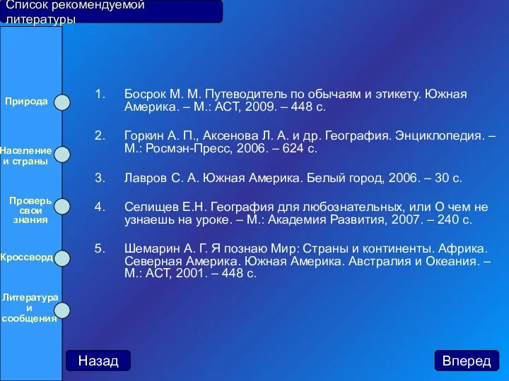 Босрок М. М. Путеводитель по обычаям и этикету. Южная Америка. –