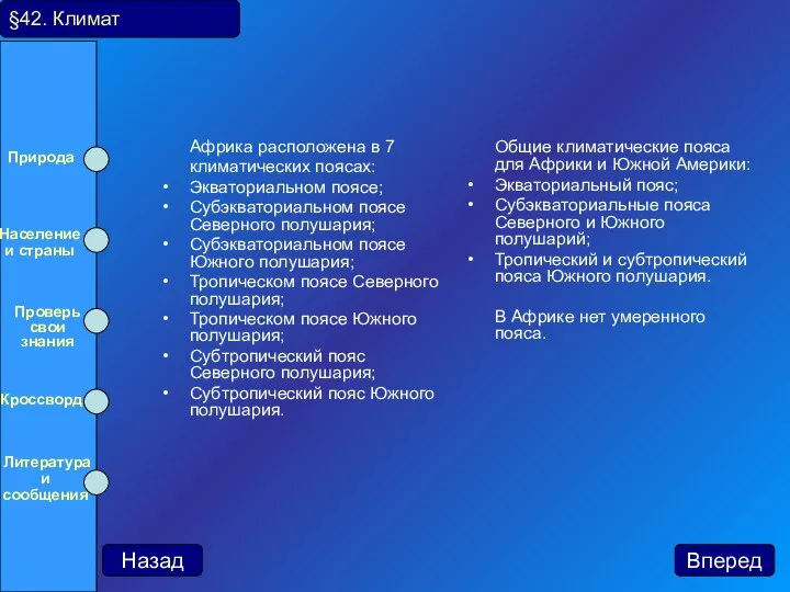 Африка расположена в 7 климатических поясах: Экваториальном поясе; Субэкваториальном поясе Северного