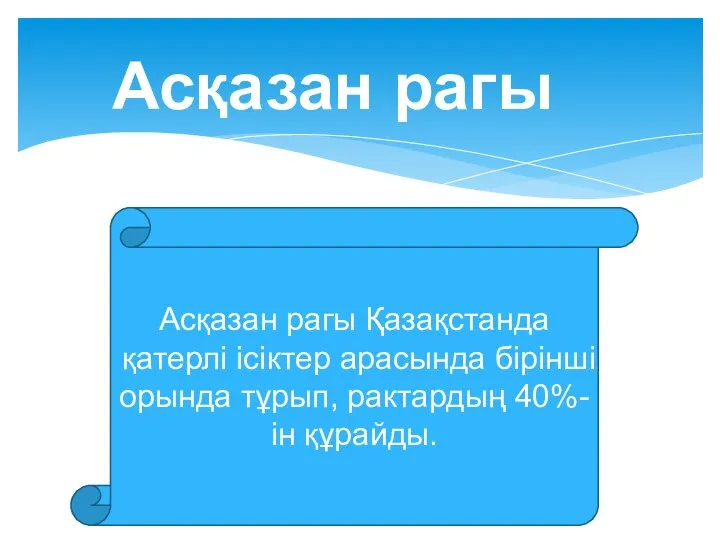 Асқазан рагы Асқазан рагы Қазақстанда қатерлі ісіктер арасында бірінші орында тұрып, рактардың 40%-ін құрайды.